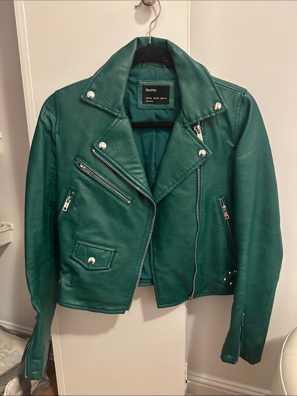 Bershka Emerald Green Faux Leather Moto Jacket - Women's